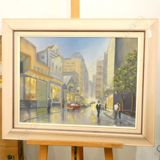 HILDA JONES 'HIGH STREET EVENING LIGHT' OIL ON BOARD 595 X 440MM