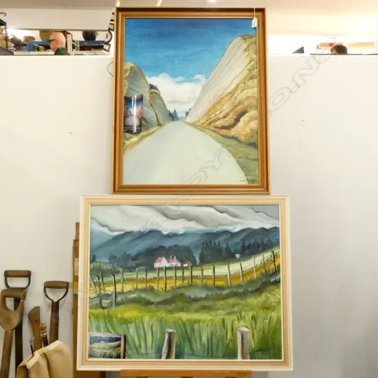 2 OILS BY ELSPETH HITCHINGS 'SMALL HOUSE NEAR RUAHINE RANGE' & 'THE CUTTING' 700 X 540MM IMAGE