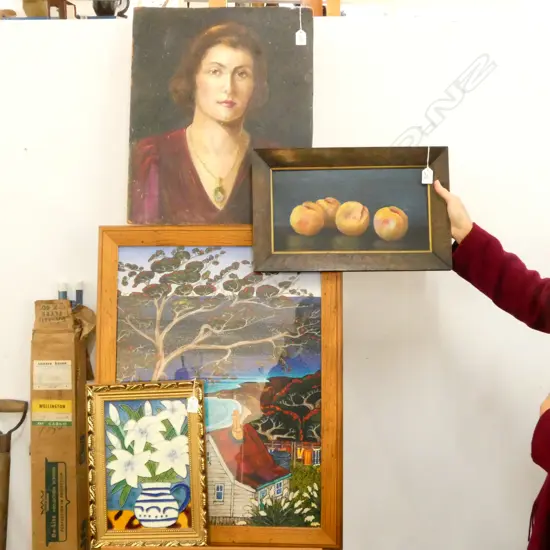 4 ASST. ARTWORKS; FRAMED TILE, STILL LIFE, GLORY WARREN SELF PORTRAIT, FIONA WHYTE SEASIDE BATCH PRINT 640 X 475MM IMAGE