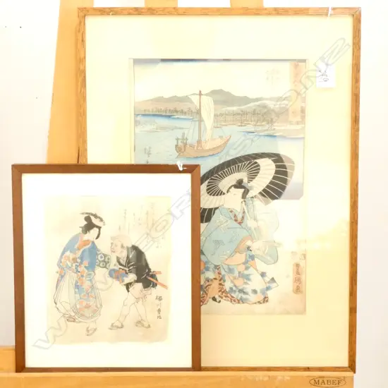 2 JAPANESE PRINTS; LANDSCAPE BY HIROSHIGE I GUME KUNISADA TAKUMI + YANAGAWA SHIGENOBU