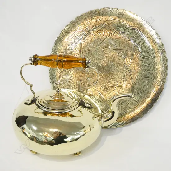 BRASS TEAPOT AND BRASS PERSIAN TRAY