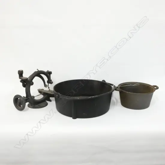 2 CAST IRON POTS + WILCOX & GIBBS SEWING MACHINE