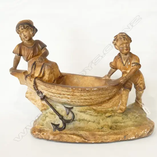 LATE VICT PAINTED PLASTER BOY GIRL & BOAT SCULPTURE L.48mm