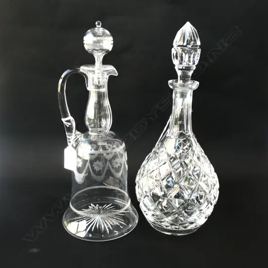 EDWARDIAN DECANTER + CUT CRYSTAL DECANTER SMALL RIM CHIPS H 320 MM