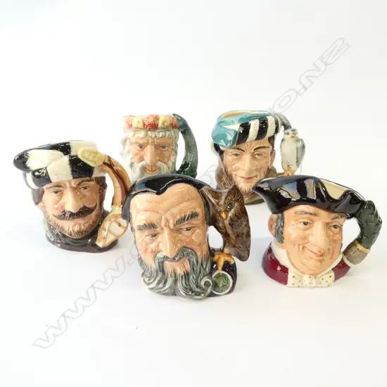 5 R/DOULTON CHARACTER JUGS; FALCONER, MINE HOST, MERLIN, NEPTUNE & TRAPPER H. 100MM
