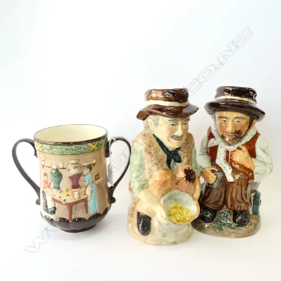 PR ROY KIRKHAM CHARACTER JUGS, DIGGER & SWAGGIE + R/DOULTON LOVING CUP H. 160MM