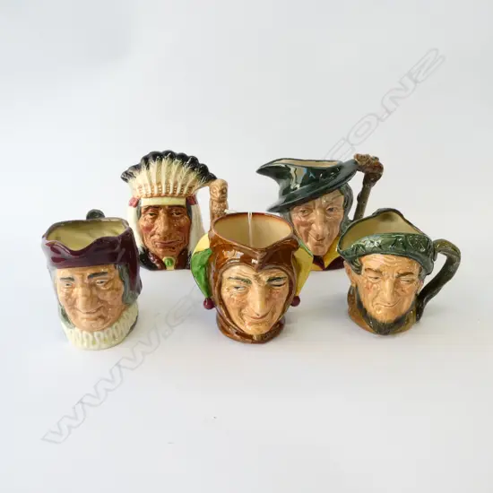 5 R/DOULTON CHARACTER JUGS; AULD MAC, PIED PIPER, SIMON CELLARER, NORTH AMERICAN INDIAN, JESTER