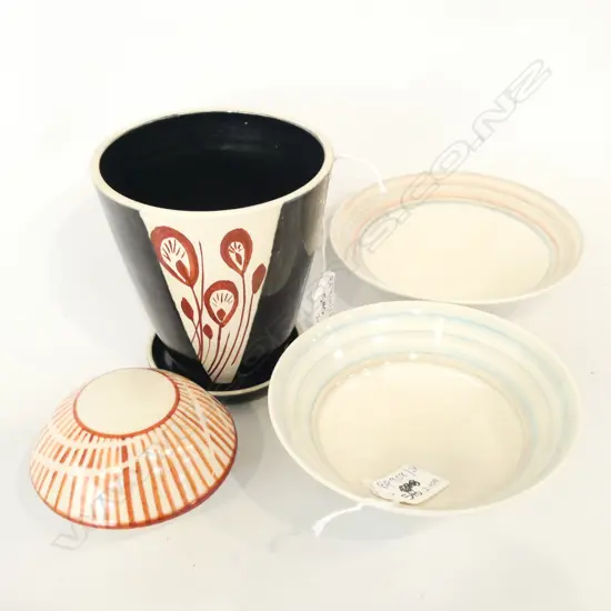 4 MARGARET MILNE PCES; PLANT POT & SAUCER + 2 BOWLS + 1 OTHER H. 120MM