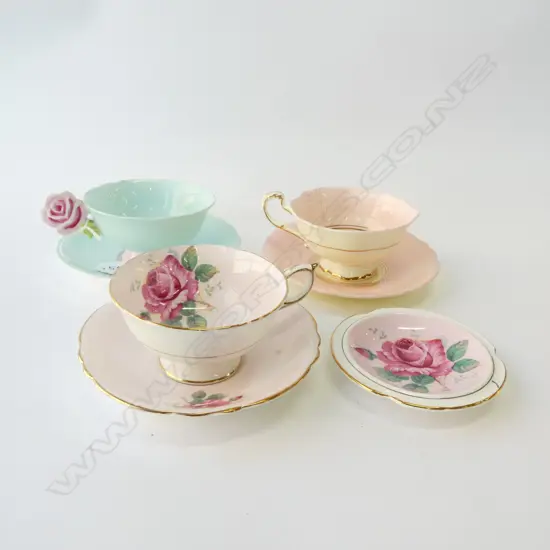 THREE PARAGON CUPS (ONE REPAIRED) & SAUCERS + ROSE ASHTRAY