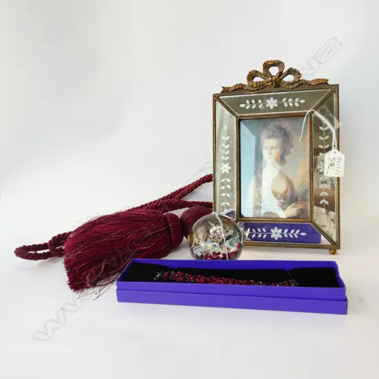 SCOTTISH SELKIRK GLASS PAPERWEIGHT, FAUX GARNET BRACELET & CURTAIN TIE-BACK 