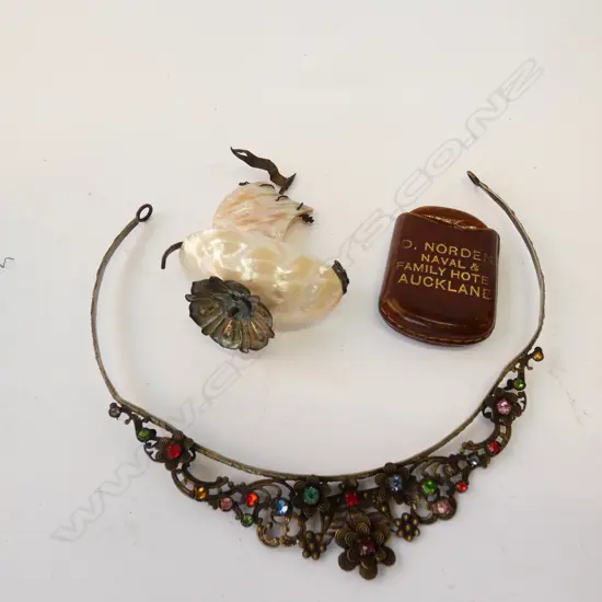 VINTAGE GILT & COSTUME TIARA + MOP MINI SHIP + ..