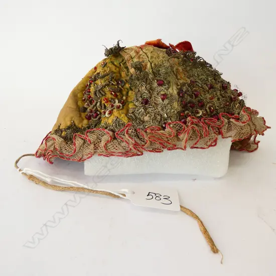 ANTIQUE BEADED SILK BABIES CAP W LACE TRIM