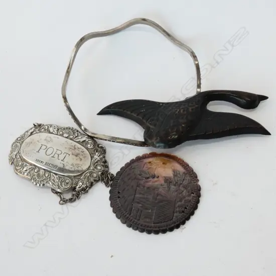 SILVER 'PORT' DECANTER LABEL + 3 OTHER COLLECTABLES...