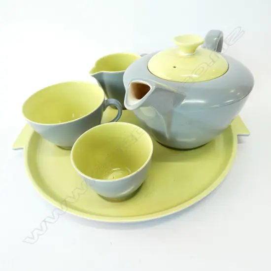 POOLE TWO TONE TEA FOR ONE SET ON TRAY