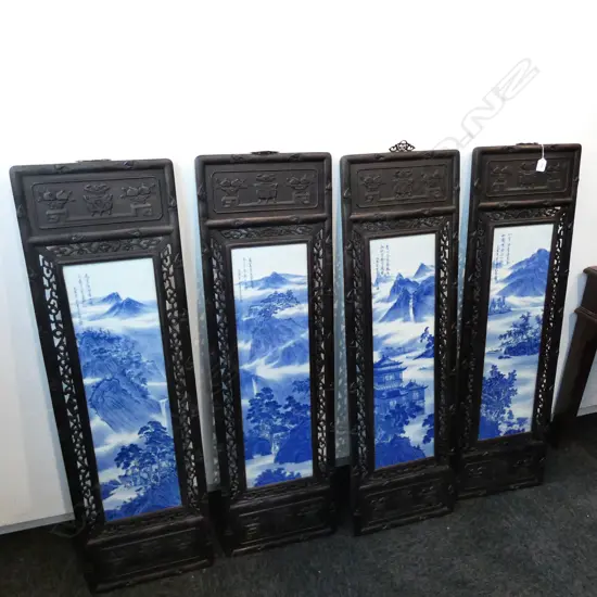 SET FOUR CHINESE CARVED HARDWOOD FRAMED PORCELAIN PLAQUES, H.1200mm