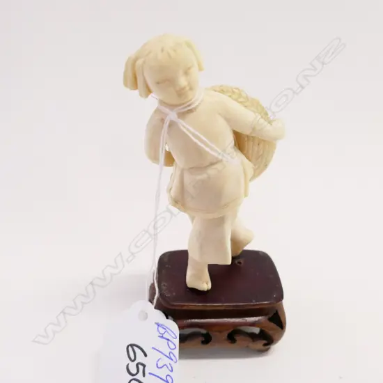 CHINESE REPUBLIC CARVED IVORY GIRL W HAT FIGURE 