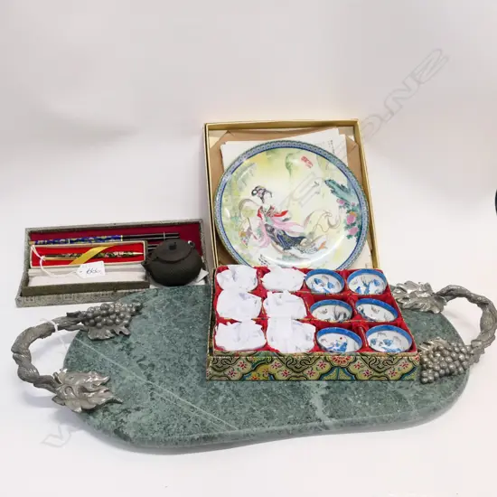 GREEN MARBLE TRAY, BOXED ORIENTAL PLATE, BOWLS, CLOISONNE PEN & CHOPSTICKS + KETTLE