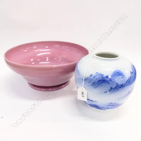 RUSKIN POTTERY BOWL 280MM DIA AF + B/W VASE 