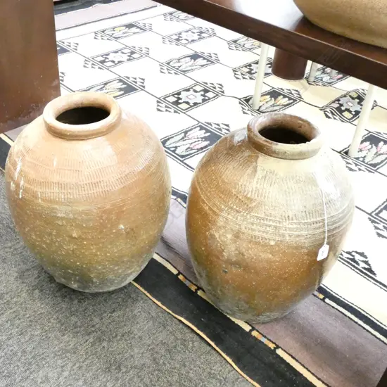 A PAIR OF CHINESE WINE STORAGE POTS 450mm TALL