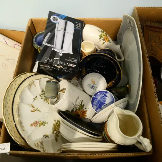 BOX LOT ASST CERAMICS; CROWN LYNN, R/COPENHAGEN, IRISH PORCELAIN ETC