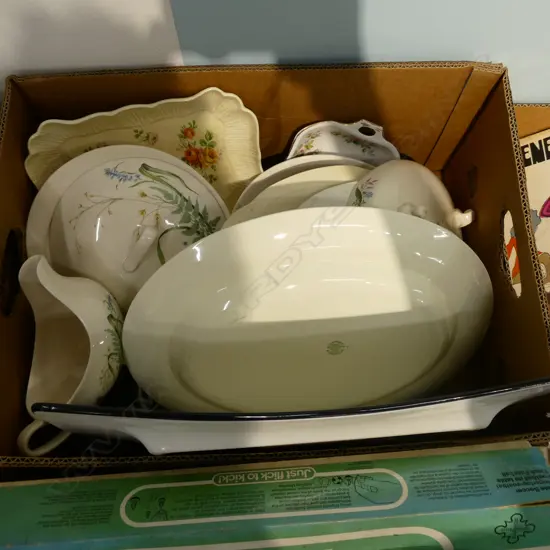BOX LOT ASST. PLATTERS, CERAMICS, SALTS ETC