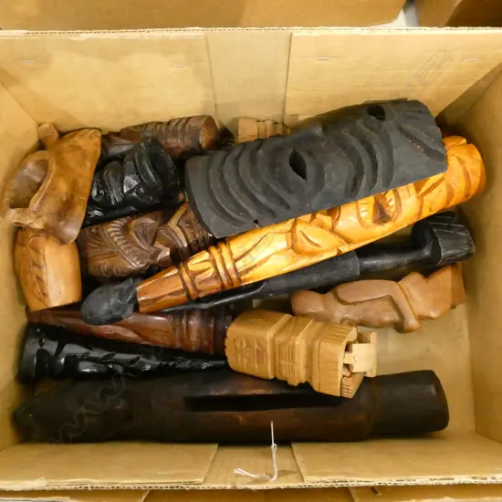 BOX LOT OF SOUVENIR WOODEN FIGURES MOSTLY PACIFIC