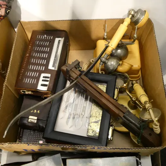 BOX LOT TELEPHONES, RADIOS, CROSS BOW ETC