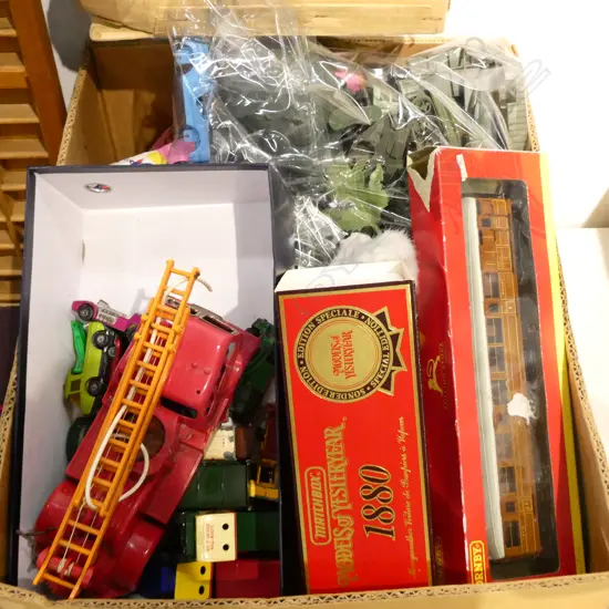 BOX LOT ASST. TOYS, BEARS, FLAGS ETC