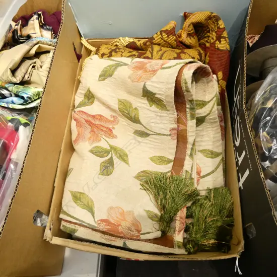 BOX LOT TASSELLED TABLECLOTH + OTHER FABRIC PCE