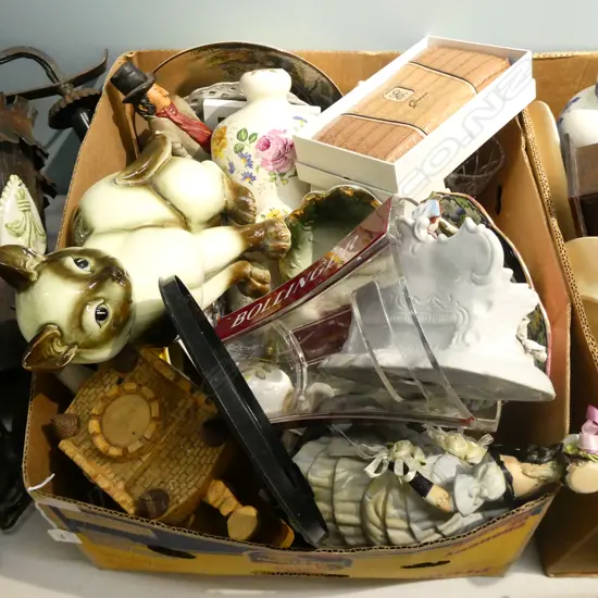 BOX LOT ASST. CHINA, MALING, CRYSTAL, GUESS WALLET, ETC