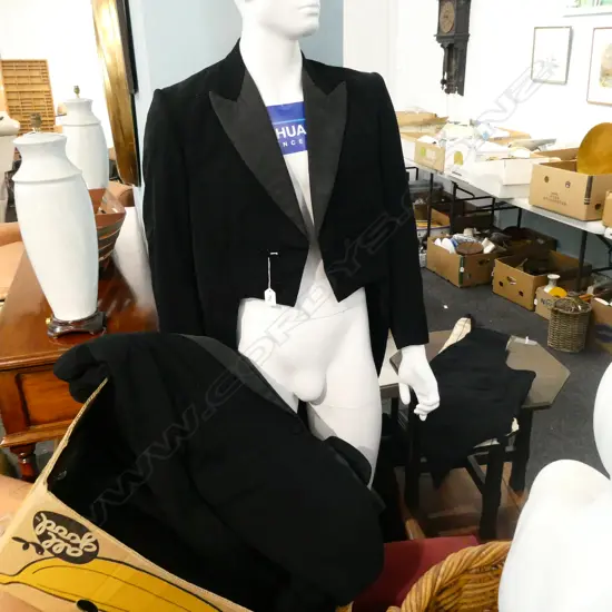 VINTAGE MENS TUX TAILS / SUITS; 4 JACKETS, WAISTCOAT & 2 PRS TROUSERS