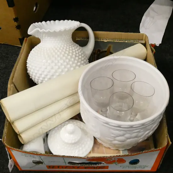 BOX LOT MILK GLASS, ETC