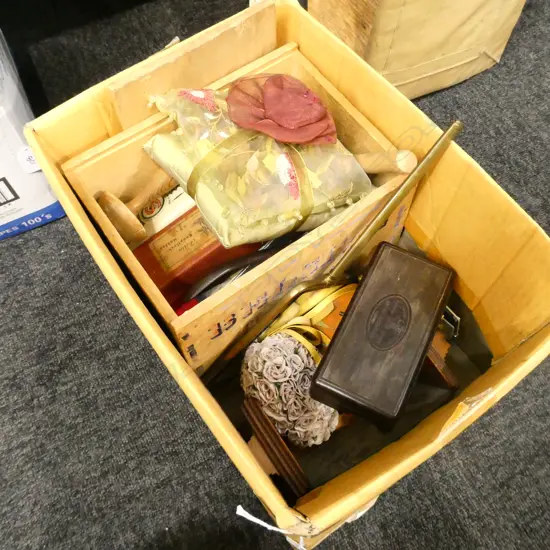 BOX LOT SET OF BRASS WEIGHTS, SEWING ITEMS ETC