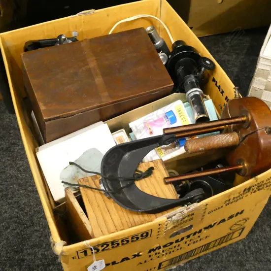 BOX OF STUDENT'S MICROSCOPES, ETC