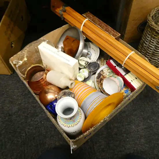 BOX LOT ASST CERAMICS, BOXED KNIVES, COPPER ETC