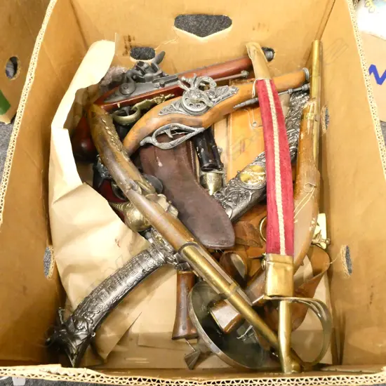 BOX LOT ASST. COSTUME KNIVES & GUNS INCL. WEBLEY AIR PISTOL 