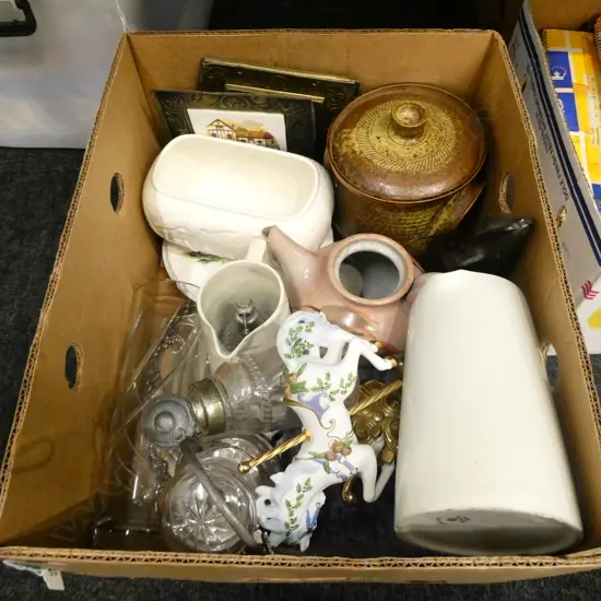 BOX LOT WHITE SYLVAC VASE, GLASS, CERAMICS ETC
