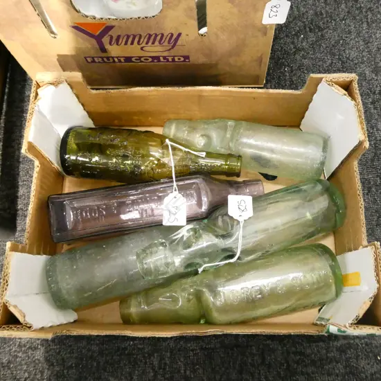 6 VINTAGE BOTTLES; 4 CODD NECK 