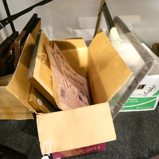 BOX LOT ASST. PRINTS, ENGRAVINGS, FRAMES ETC