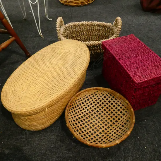 4 WOVEN CONTAINERS; RED, OVAL, DISH & BASKET