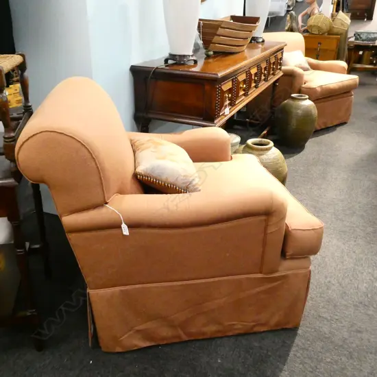 PAIR OF UPHOLSTERED ARMCHAIRS MINOR FAULTS TO FABRIC