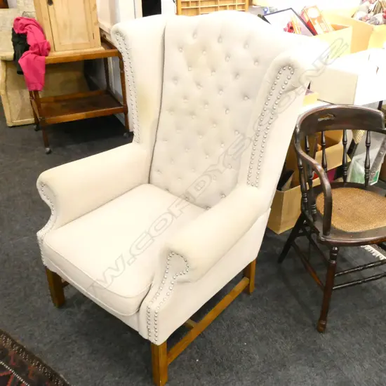 WING BACK BUTTON BACK ARMCHAIR (UPHOLSTERY DIRTY IN PLACES)