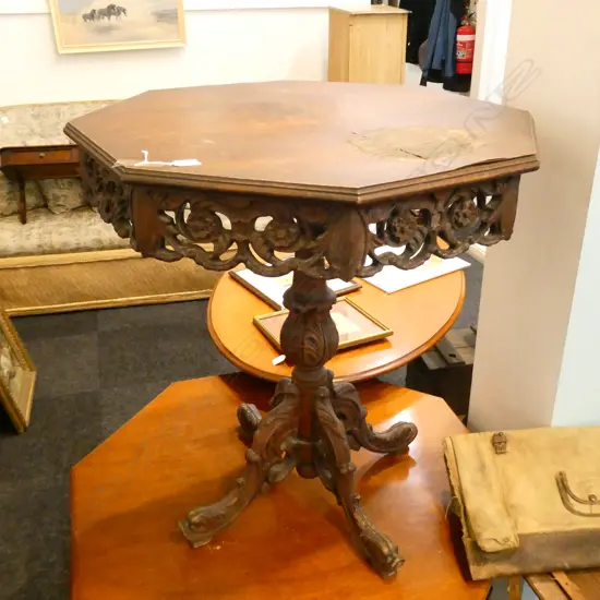 CARVED OCTAGONAL TABLE TOP VANEER BADLY DAMAGE H. 775MM
