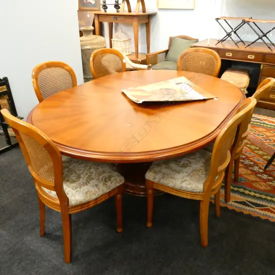 DECO STYLE EXTENSION DINING TABLE WITH SIX CANE BACK CHAIRS L EXTENDED 1890 MM