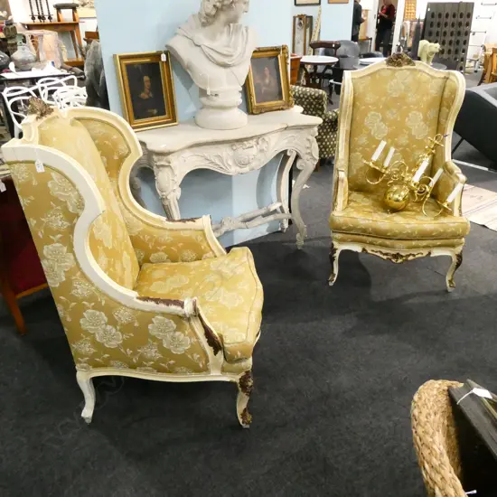 PR OF FRENCH STYLE WING BACK CHAIRS( REQUIRE ATTENTION)