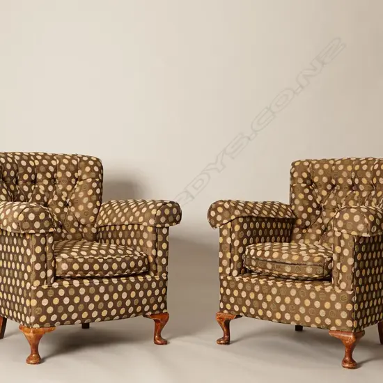 PAIR OF POLKA DOT UPHOLSTED ARMCHAIRS QUEEN ANNE STYLE FEET, SCOLL ARMS. H800 W750 D670mm