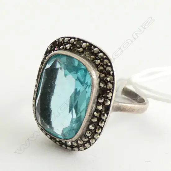 Stg Silver ring, marcasite  framed lge blue stone