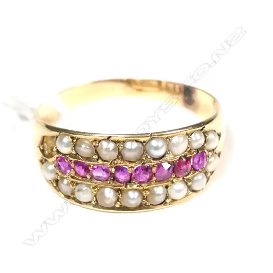 Ring, antique seed pearl and red stones, 15ct 