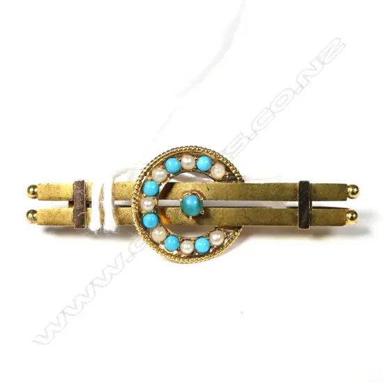 15CT GOLD CHESTER 1900 BAR BROOCH TURQUOISE & PEARL