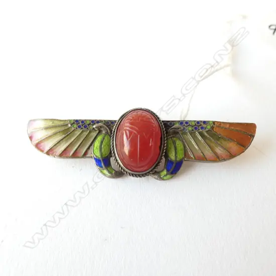 STG SILVER & PLIQUE A JOUR EGYPTIAN STYLE SCARAB BROOCH